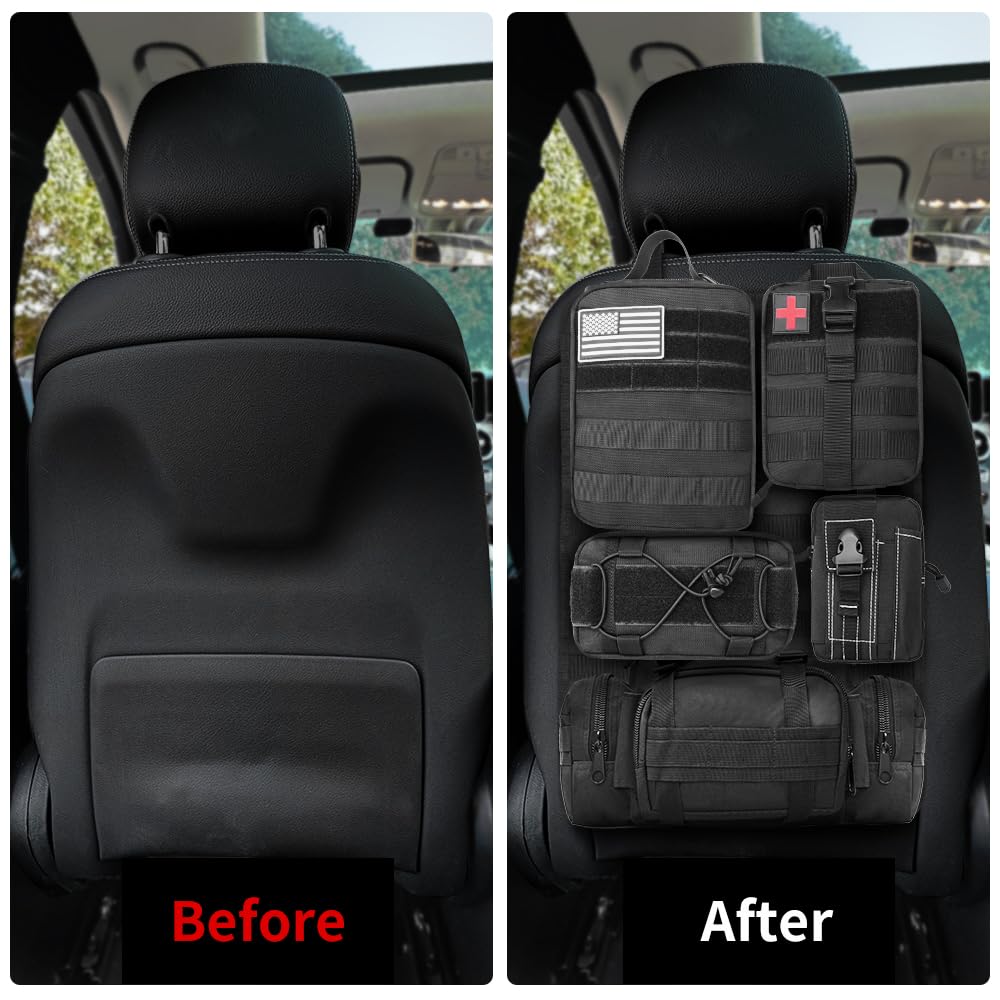 Universal Tactical Vehicle Seat Back Organizer Panel with 5 Detachable MOLLE Pouches - Medical, Phone, Storage Pouch, Suitable for Vehicles Such as Jeep, Truck, SUV, Ford, Chevrolet, etc