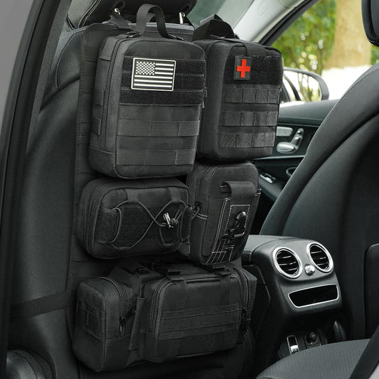 Universal Tactical Vehicle Seat Back Organizer Panel with 5 Detachable MOLLE Pouches - Medical, Phone, Storage Pouch, Suitable for Vehicles Such as Jeep, Truck, SUV, Ford, Chevrolet, etc