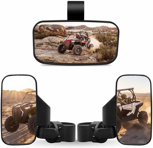 UTV Side Mirror And Center Mirror Set 1.6" to 2" Bar Compatible with Polaris RZR Ranger Can-Am Maverick Yamaha Rhino Kawasaki Honda Pioneer Talon Arctic Cat Adjustable Rear view Mirror