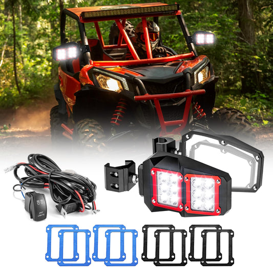 2PCS UTV Rear View Mirrors with LED Light and Rocker Switch Wiring Harness, Pro-Fit Side Mirrors with 24 LED White Spot Light Compatible with Polaris Ranger General Can Am Defender Maverick