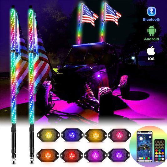 2Pcs 3FT LED Whip Lights and 3rd-Gen Rock Lights Kit with Bluetooth and Remote Control 360° Spiral Chase RGB 8 Pods Neon Light Offroad Warning Lighted Antenna LED Whips Package