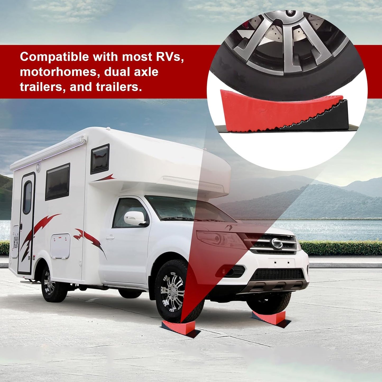 RV Leveling Blocks, 2 Packs Camper Stystem Ramp Kit for Travel Trailer with Two Chocks, 2 Anti Slip Mats, Up to 35000 LBS