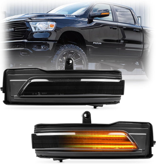 Sequential LED Side Mirror Marker Lights Compatible w/ 2019-2024 Dodge RAM 1500 Pickup Towing Mirror Turn Signal Indicator Lamp Assembly Smoked Lens