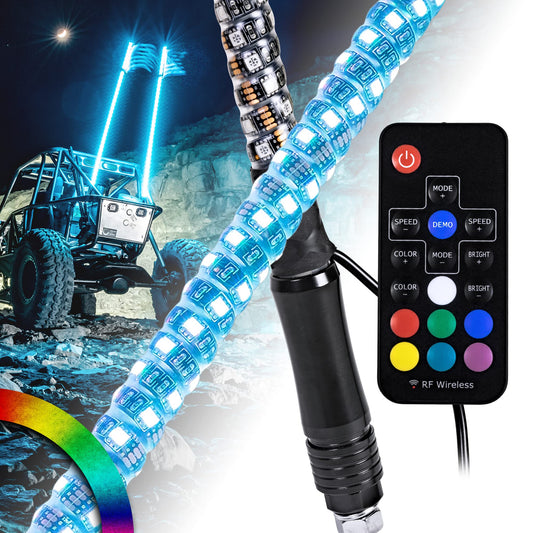 True Mods 2pc 2ft Spiral RGB LED Whip Light for UTV ATV [RF Wireless Remote] Flag Waterproof LED Lighted Whip Antenna Pole Stick for RZR Can-Am Polaris SxS 4x4 Quad Dune Buggy 4 Wheeler Accessories