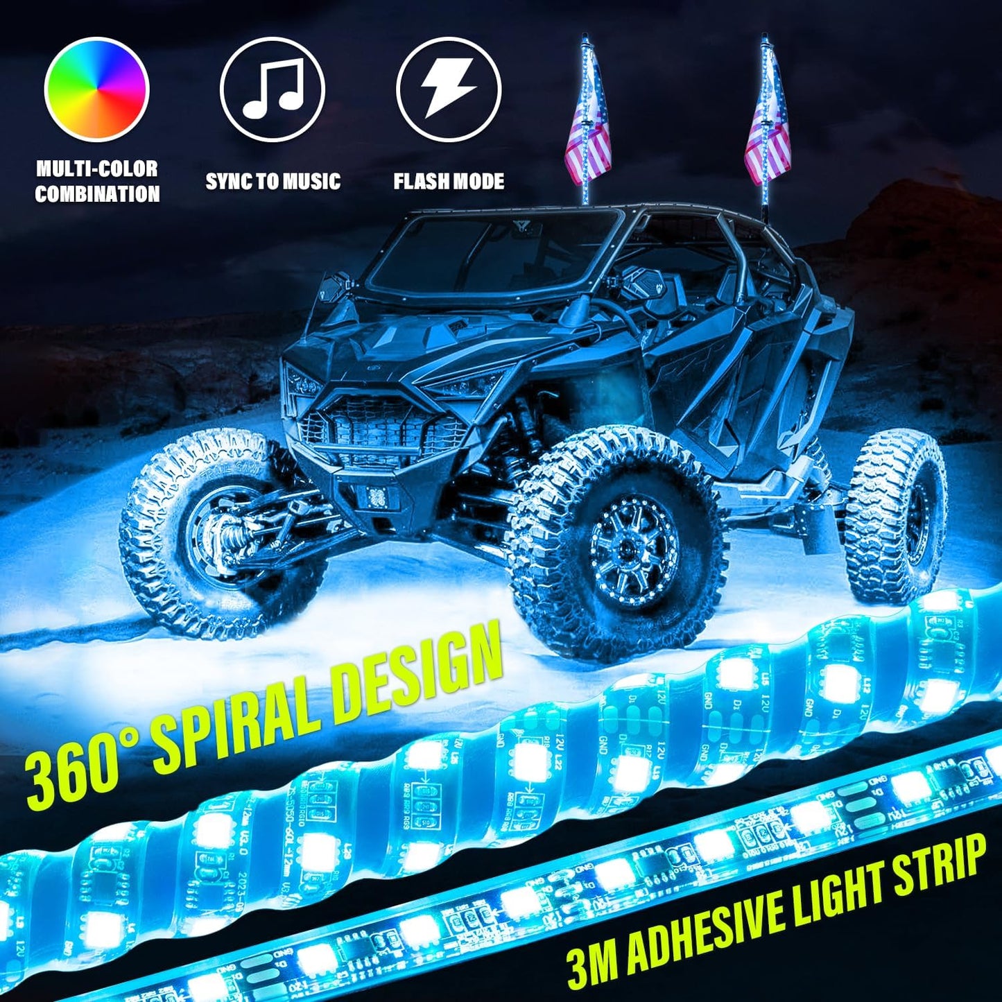 2PCS 3/4FT Whip Lights and 12Pcs Underglow Kit,300 Colors 178 Modes,Remote/APP Controfor Off-Road UTV ATV Polaris RZR Truck