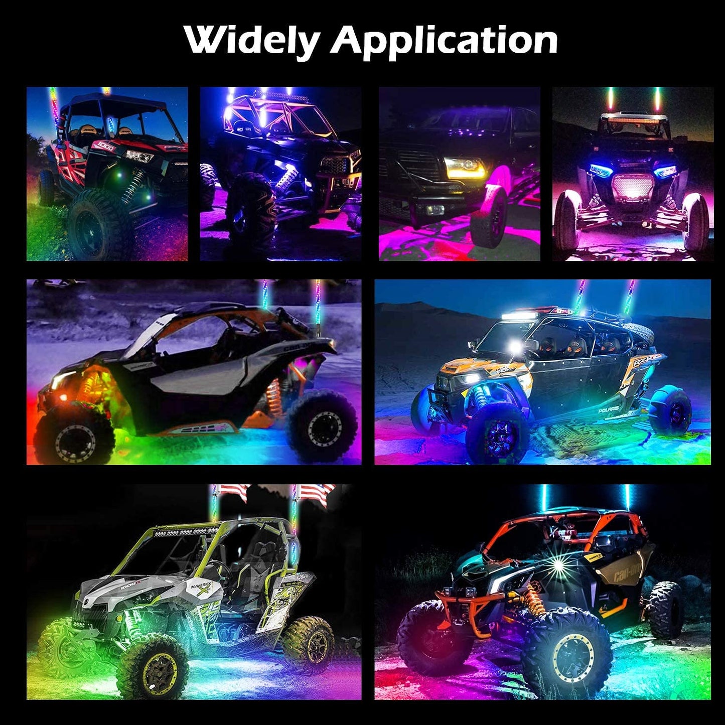 2Pcs 3FT LED Whip Lights and 3rd-Gen Rock Lights Kit with Bluetooth and Remote Control 360° Spiral Chase RGB 8 Pods Neon Light Offroad Warning Lighted Antenna LED Whips Package